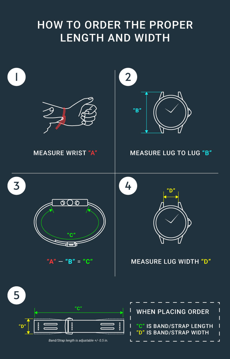 HOW TO ORDER THE PROPER LENGTH AND WIDTH 1. Measure Wrist 'A' 2. Measure Lug to Lug 'B' 3. 'A'-'B'= 'C' 4. Measure Lug Width 'D' 5. When Placing Order: 'C' is band/strap length, 'D' is band/strap length